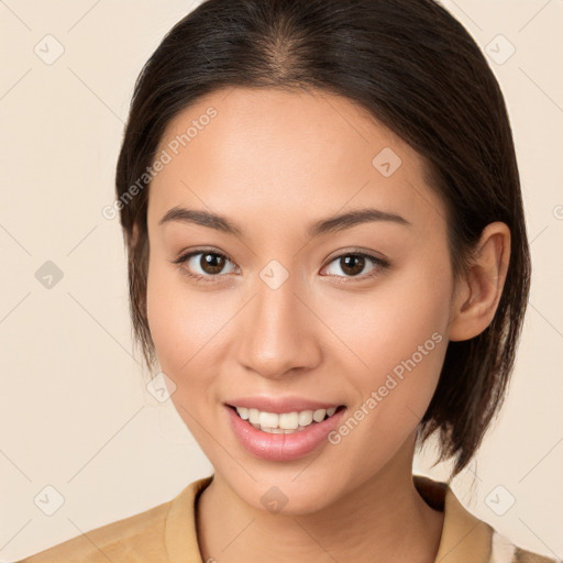 Joyful white young-adult female with medium  brown hair and brown eyes