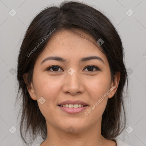 Joyful white young-adult female with medium  brown hair and brown eyes