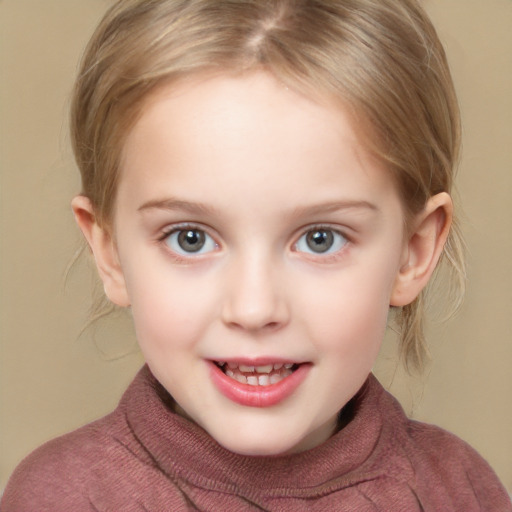 Joyful white child female with medium  brown hair and grey eyes