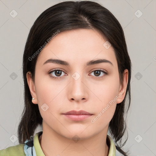 Neutral white young-adult female with medium  brown hair and brown eyes