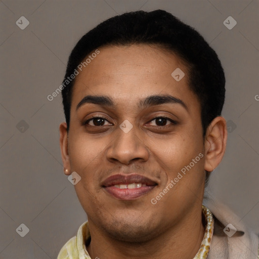 Joyful latino young-adult female with short  black hair and brown eyes