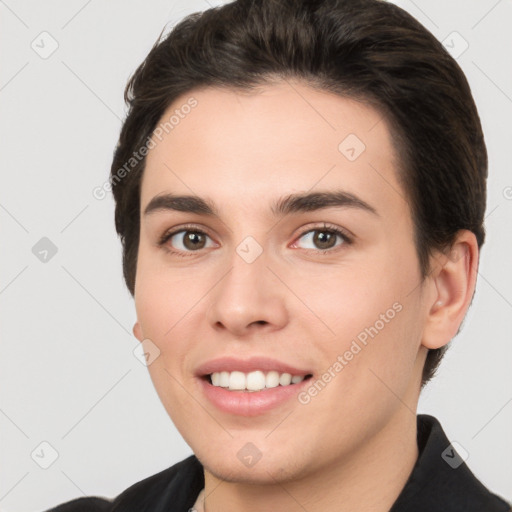 Joyful white young-adult female with short  brown hair and brown eyes