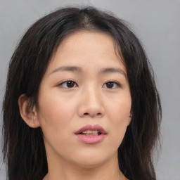 Neutral asian young-adult female with medium  brown hair and brown eyes