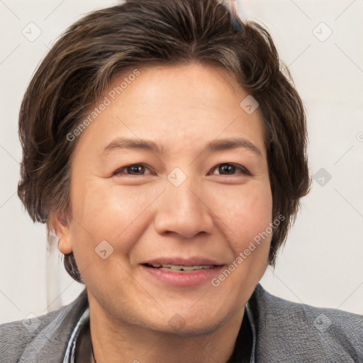 Joyful white adult female with short  brown hair and brown eyes