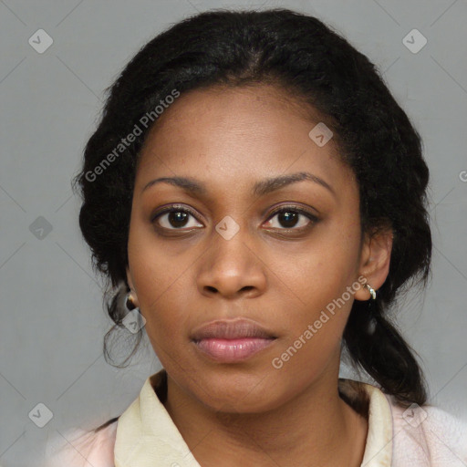 Joyful black young-adult female with medium  black hair and brown eyes