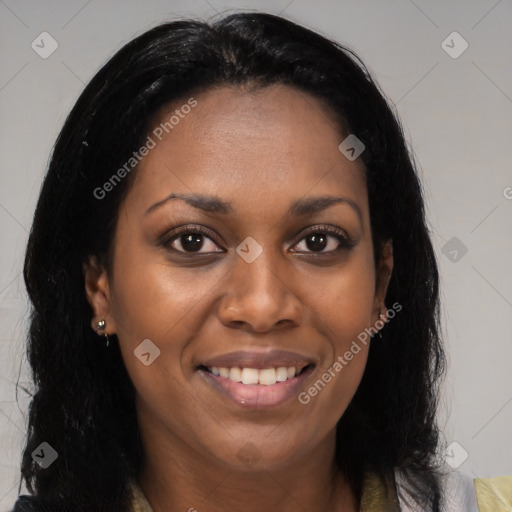 Joyful black young-adult female with medium  brown hair and brown eyes