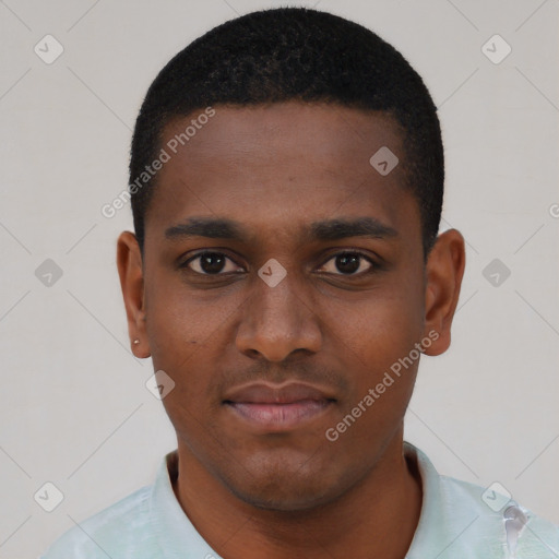 Neutral black young-adult male with short  black hair and brown eyes