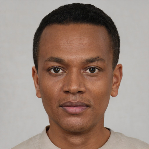 Neutral black young-adult male with short  black hair and brown eyes