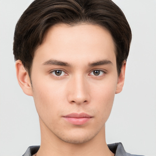 Neutral white young-adult male with short  brown hair and brown eyes