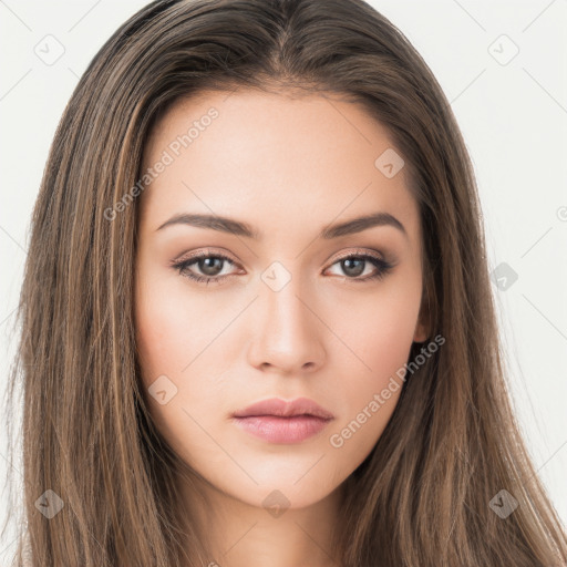 Neutral white young-adult female with long  brown hair and brown eyes