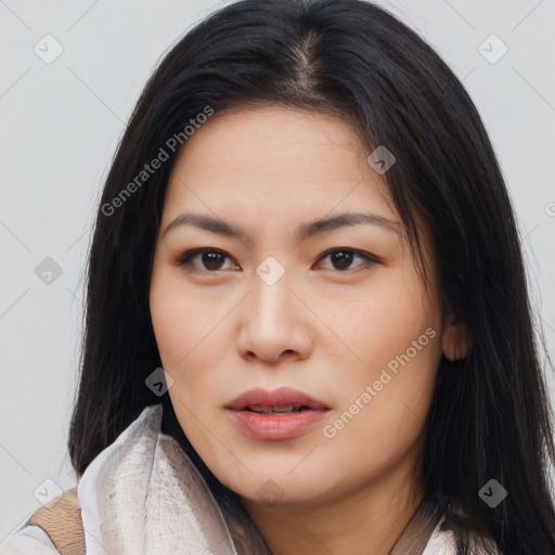 Joyful asian young-adult female with long  black hair and brown eyes