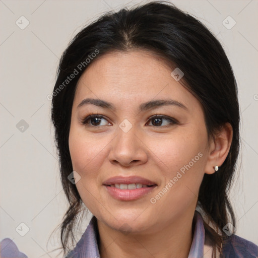 Joyful white young-adult female with medium  brown hair and brown eyes