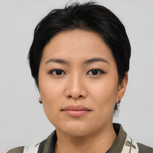 Neutral asian young-adult female with medium  black hair and brown eyes