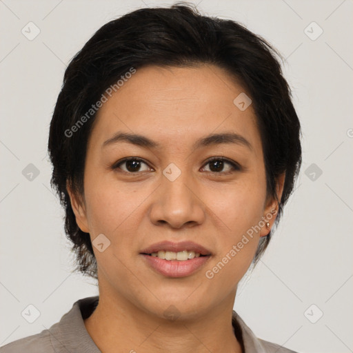 Joyful asian young-adult female with short  brown hair and brown eyes