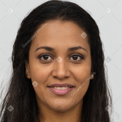 Joyful latino young-adult female with long  brown hair and brown eyes