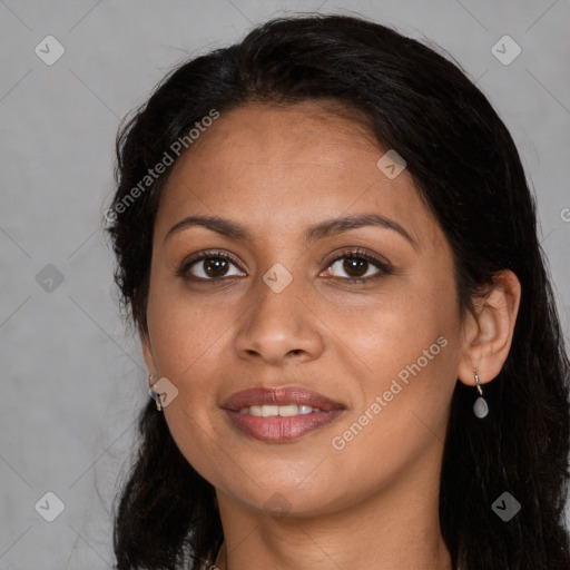 Joyful latino young-adult female with long  brown hair and brown eyes