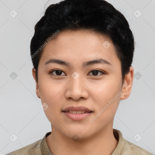 Joyful asian young-adult female with short  black hair and brown eyes