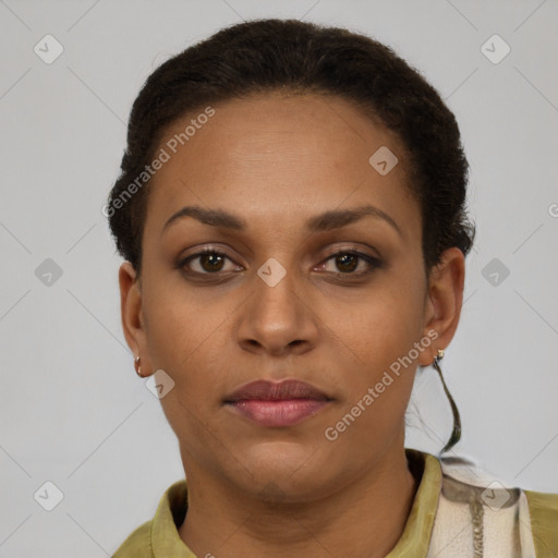 Neutral black young-adult female with short  brown hair and brown eyes