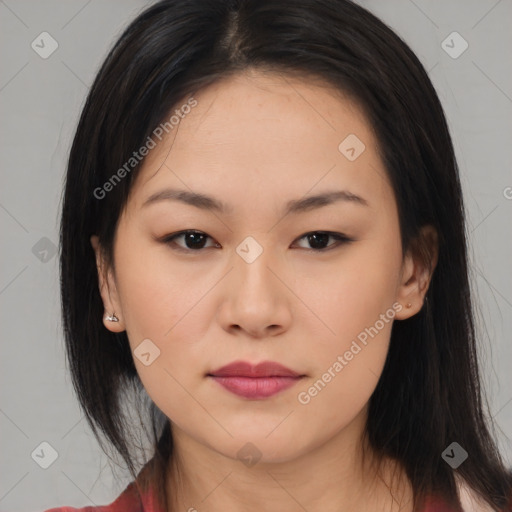 Neutral asian young-adult female with medium  black hair and brown eyes