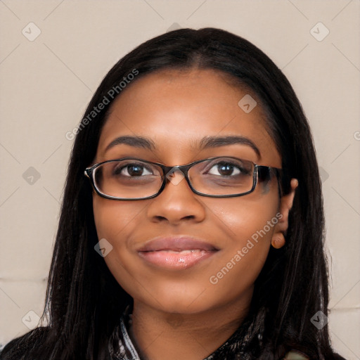 Joyful latino young-adult female with long  black hair and brown eyes