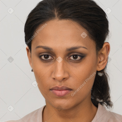 Neutral latino young-adult female with medium  brown hair and brown eyes