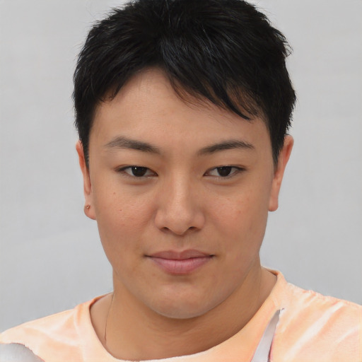 Joyful asian young-adult female with short  brown hair and brown eyes
