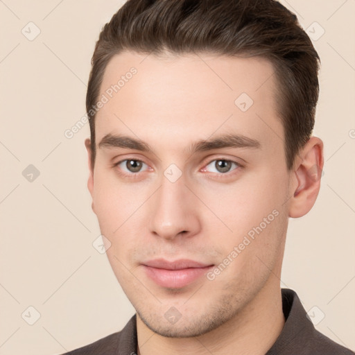 Neutral white young-adult male with short  brown hair and brown eyes