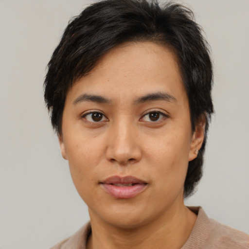 Neutral asian young-adult female with short  black hair and brown eyes