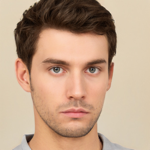 Neutral white young-adult male with short  brown hair and brown eyes