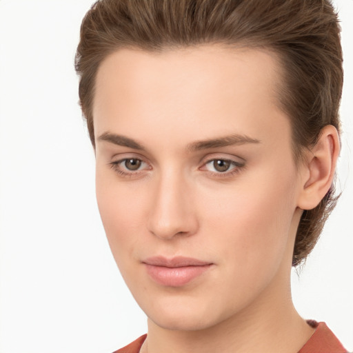 Neutral white young-adult female with short  brown hair and brown eyes