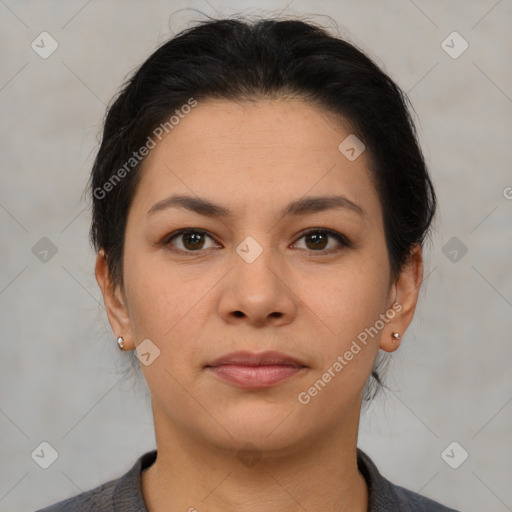 Neutral asian young-adult female with medium  brown hair and brown eyes