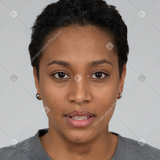 Neutral black young-adult female with short  black hair and brown eyes