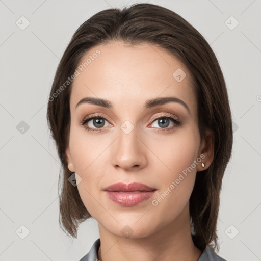 Neutral white young-adult female with medium  brown hair and grey eyes