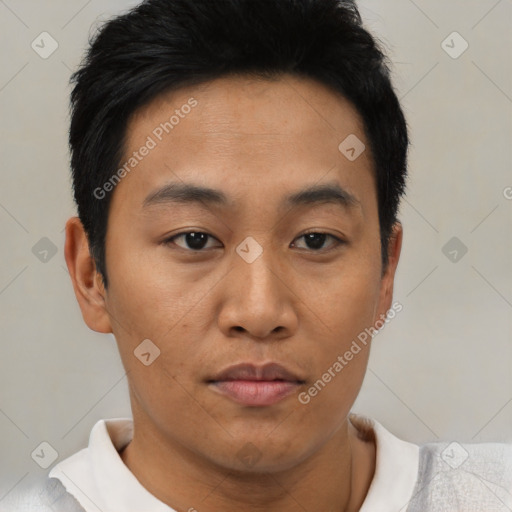 Joyful black young-adult male with short  brown hair and brown eyes