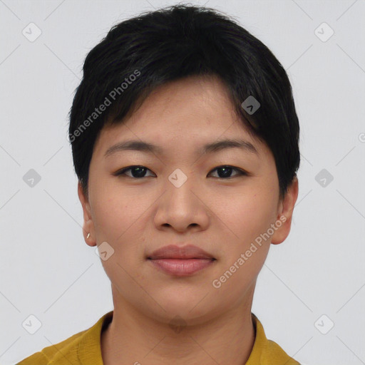 Neutral asian young-adult female with short  black hair and brown eyes