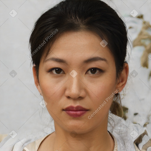 Neutral asian young-adult female with medium  brown hair and brown eyes