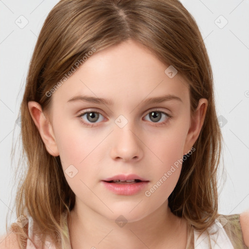 Neutral white child female with medium  brown hair and grey eyes