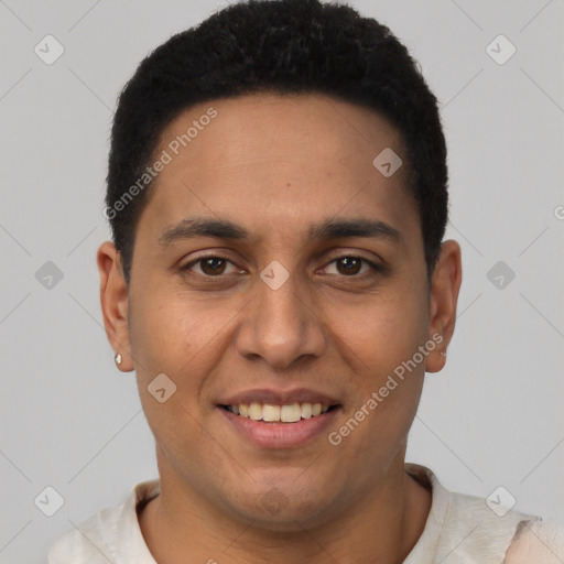 Joyful latino young-adult male with short  black hair and brown eyes