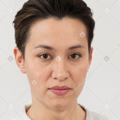 Joyful white young-adult female with short  brown hair and brown eyes