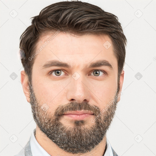 Neutral white young-adult male with short  brown hair and brown eyes