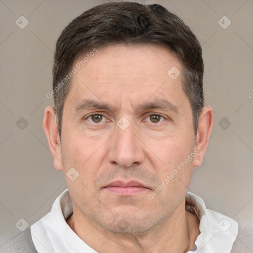 Neutral white adult male with short  brown hair and brown eyes