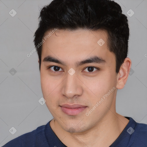 Neutral asian young-adult male with short  black hair and brown eyes