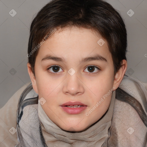 Joyful white child female with short  brown hair and brown eyes