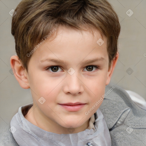 Joyful white child male with short  brown hair and brown eyes