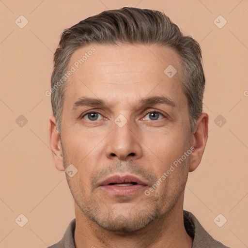 Neutral white adult male with short  brown hair and brown eyes