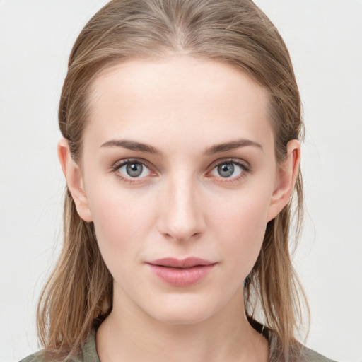 Neutral white young-adult female with medium  brown hair and blue eyes