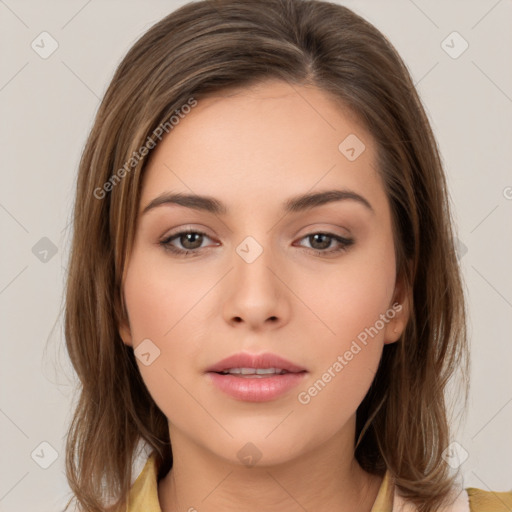 Neutral white young-adult female with medium  brown hair and brown eyes