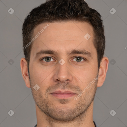 Joyful white young-adult male with short  brown hair and brown eyes