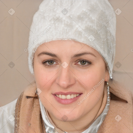 Joyful white young-adult female with short  black hair and brown eyes