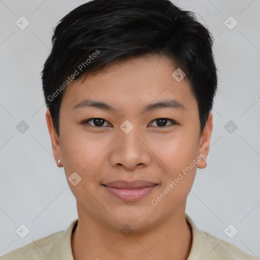 Joyful asian young-adult female with short  brown hair and brown eyes